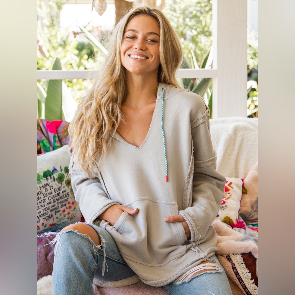 NATURAL LIFE Cream Hooded Pullover Sweatshirt with Teal Drawcord